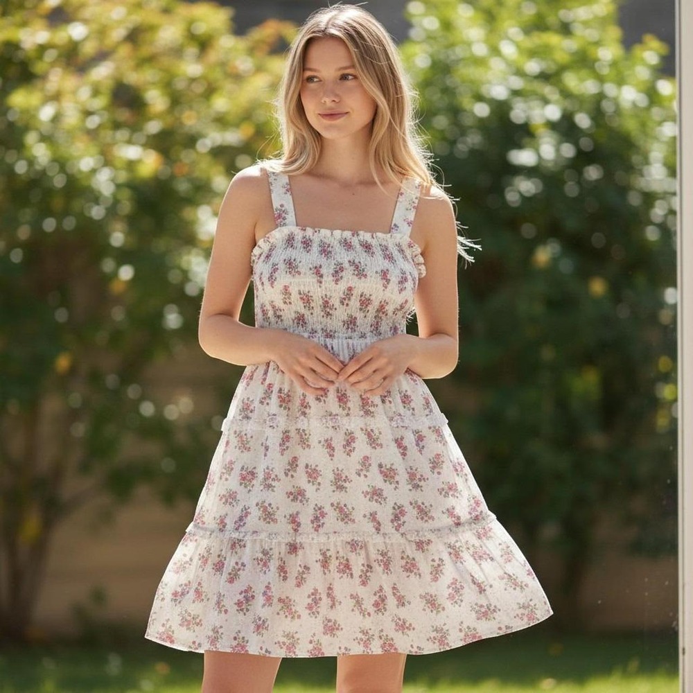 Floral Eyelet Tiered Cottagecore‎ Midi Dress White Pink Purple Size M